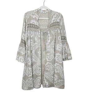 KAKTUS Beige White Bohemian Kimono Cover Up Crochet Bell‎ Sleeve Lagenlook Sz S